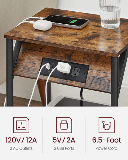 End Table with Charging Station, Set of 2, Small Side Tables for Living Room, Bedroom, Nightstand with Outlets and USB Ports, Bedside Table with Storage Shelf, Rustic Brown and Black