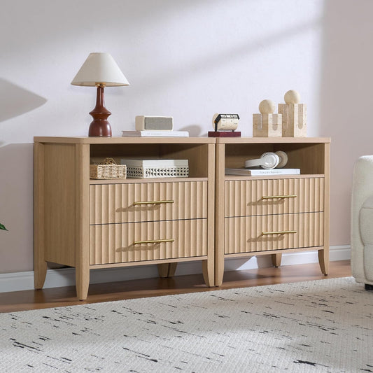 Fluted Nightstand with 2 Drawers, 27" Modern Nightstands Set of 2 with Storage, Large Queen Size Bed Side Table and End Table for Bedroom, Living Room, Office,(Natural Oak,2 Pieces)
