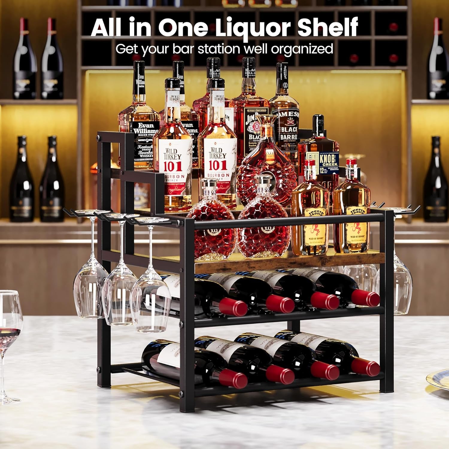 5-Tier Liquor Bottle Display Shelf, Holds up to 20 Bottles, Countertop Wine Racks with 6 Wine Glass Holders, Mini Wine Bar Cabinet for Home, All in One Coffee Syrup Whiskey Organizer
