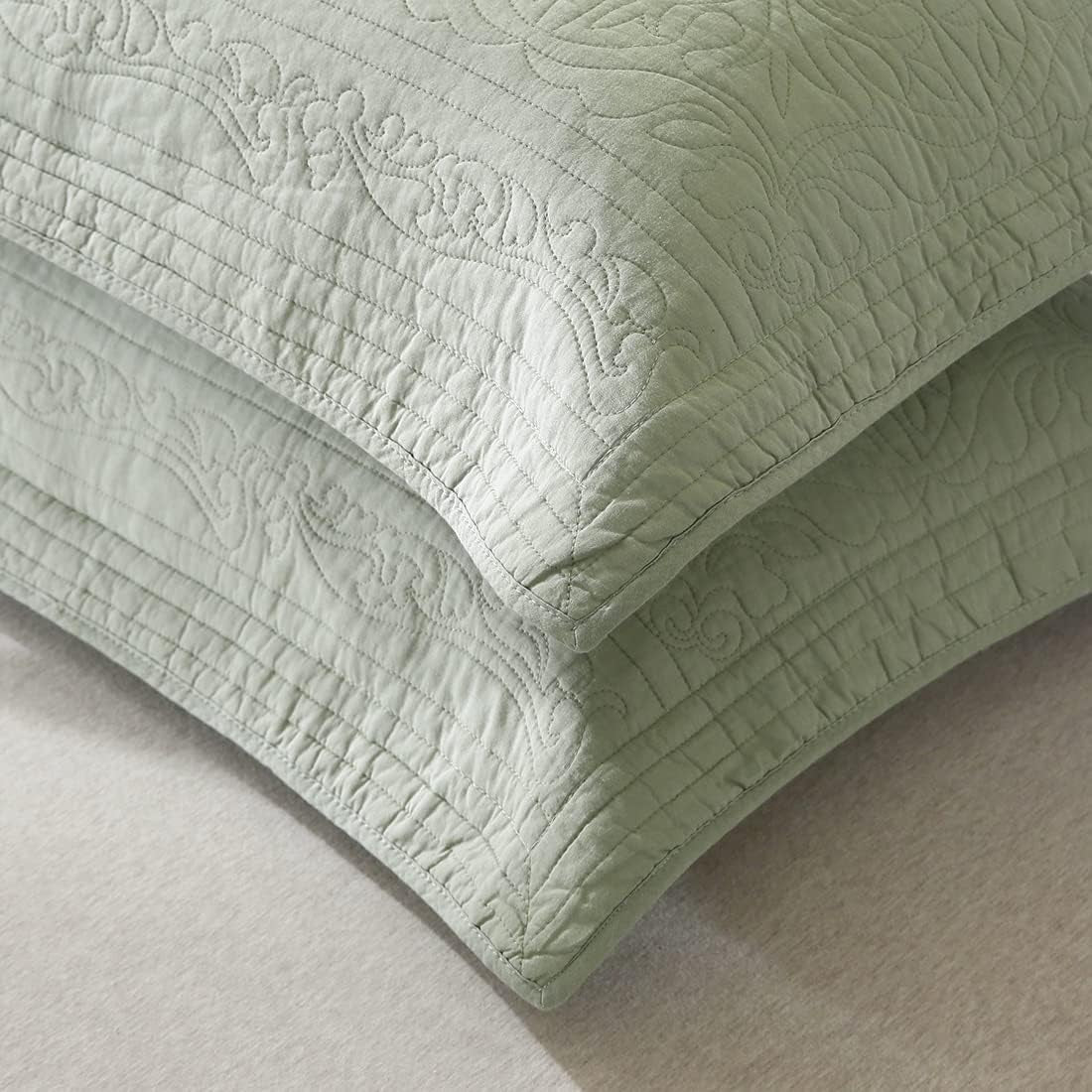 100% Cotton Quilted Pillow Sham Floral Printed Pillow Cover King Size, Set of 2, Green