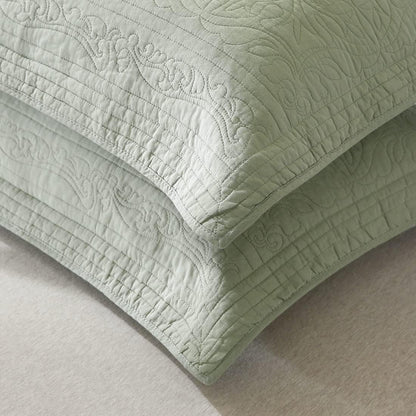 100% Cotton Quilted Pillow Sham Floral Printed Pillow Cover King Size, Set of 2, Green