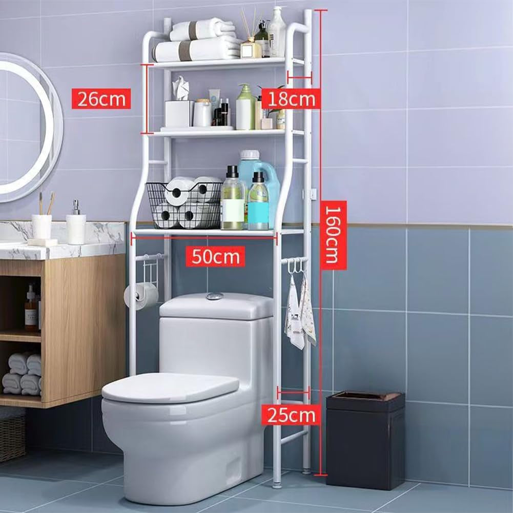 3-Tier over the Toilet Storage, Freestanding Metal Bathroom Shelves, above Toilet Storage Rack with Hooks and Paper Holder, Space-Saving, for Bathroom Restroom Laundry, White