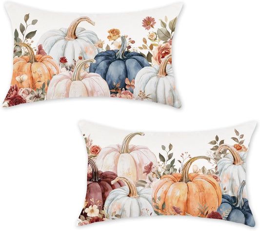 Fall Pillow Covers 12X20 Inch Set of 2 Farmhouse Pumpkin and Floral Lumbar Cushion Cases for Couch Sofa Bed Autumn Thanksgiving Decorative Throw Pillows for Home Outdoor Patio Porch Decor