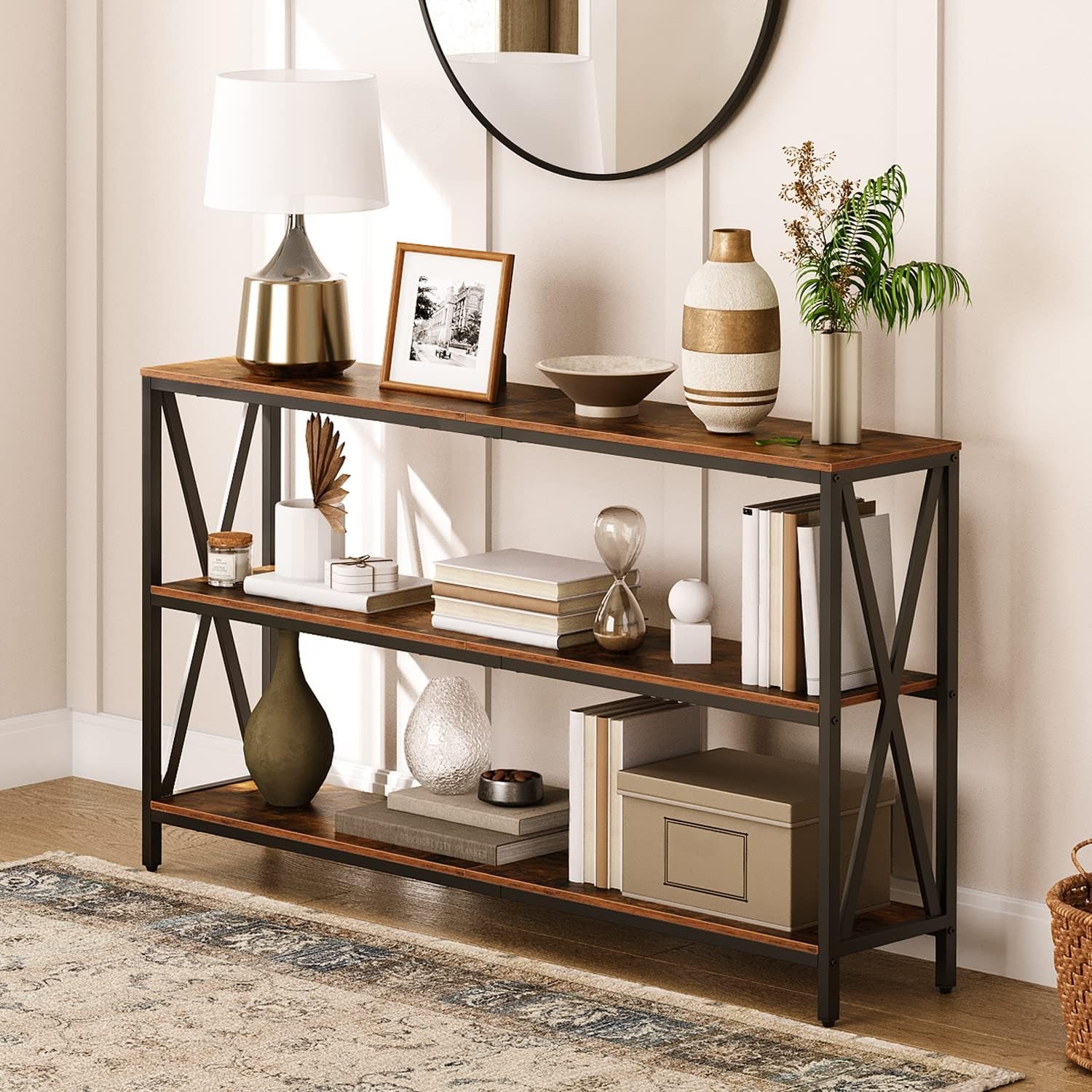 55" Sofa Table, Industrial Console Table, 3-Tier Narrow Side Table with Open Shelves, Foyer Table for Entryway, Hallway, Kitchen, Living Room and Bedroom, Rustic Brown CTHR80401