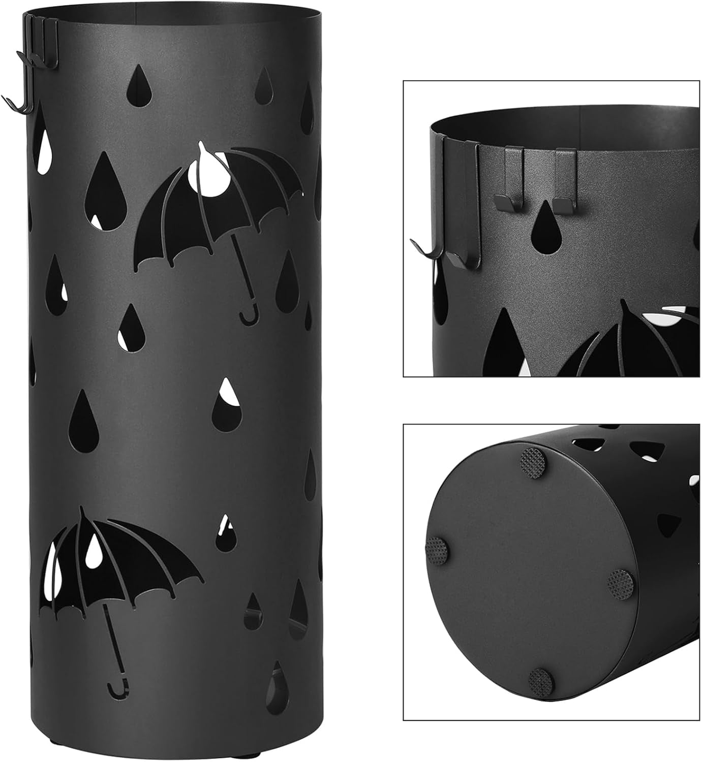 Umbrella Stand, Metal Umbrella Holder for Entryway, with Water Tray and 4 Hooks, 7.7 X 7.7 X 19.3 Inches, Round, Ink Black ULUC23B