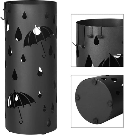Umbrella Stand, Metal Umbrella Holder for Entryway, with Water Tray and 4 Hooks, 7.7 X 7.7 X 19.3 Inches, Round, Ink Black ULUC23B