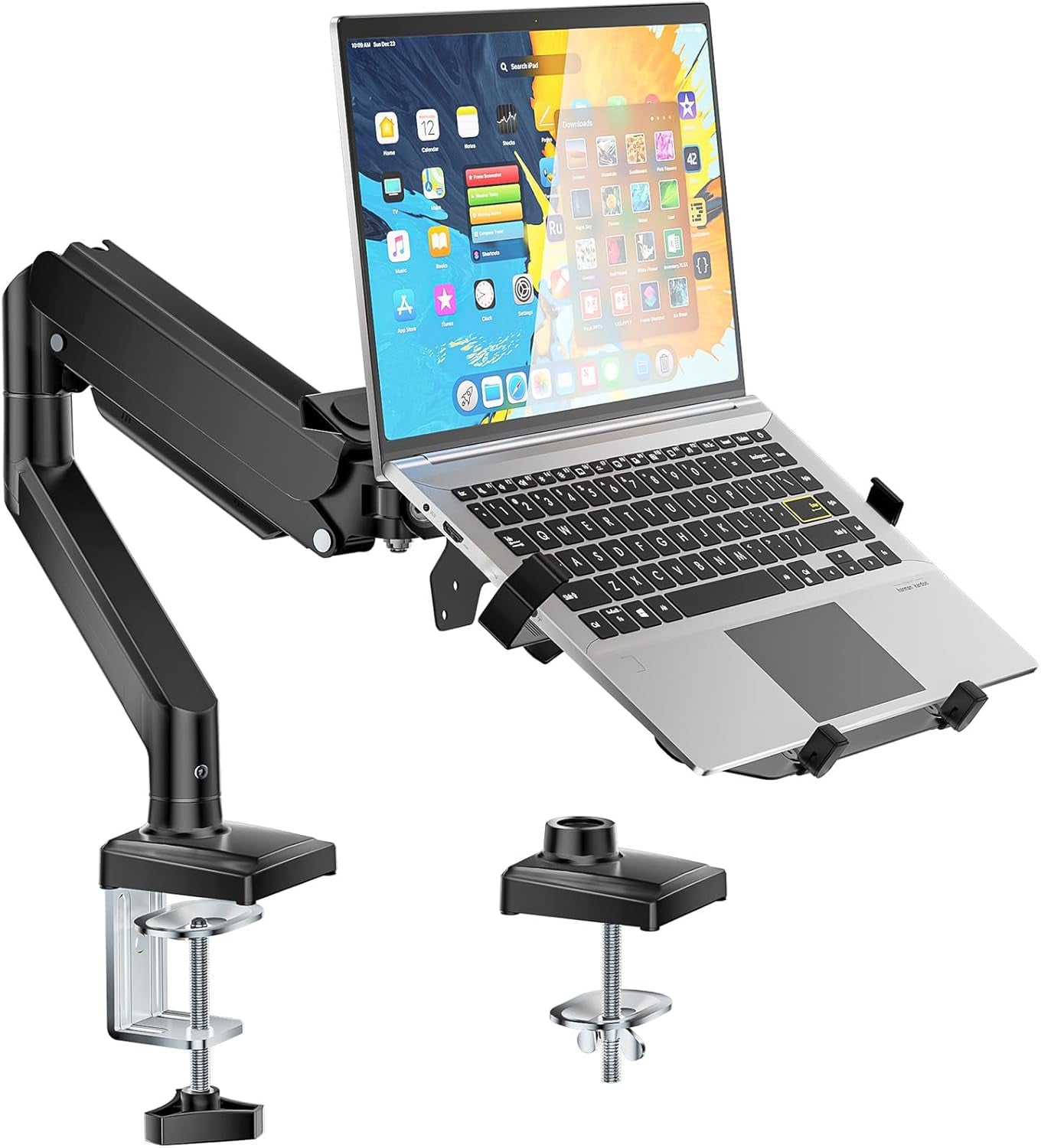 Laptop Desk Mount, 2-In-1 Monitor Mount with Adjustable Laptop Tray, Fits Max 17" Notebook and 34" Computer Screen, Max Holds 22-26.4 Lbs, Single Monitor Laptop Stand for Desk (GSMP001NLP), Black
