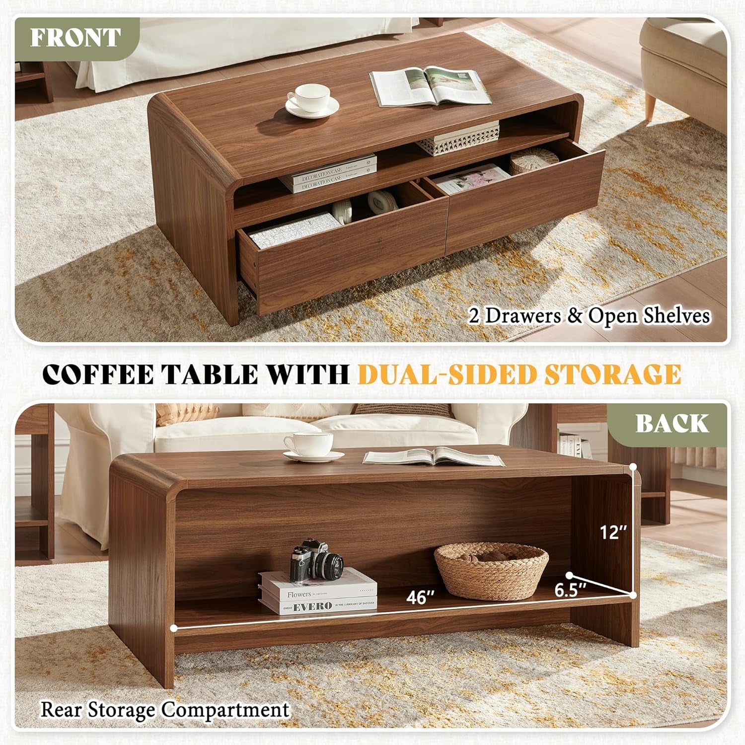 3-Piece Living Room Table Set, Includes Coffee Table & 2 End Tables, Modern Coffee Table Sets with Large Storage Drawers & Smooth Rounded Edges, Brown