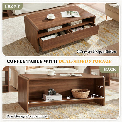 3-Piece Living Room Table Set, Includes Coffee Table & 2 End Tables, Modern Coffee Table Sets with Large Storage Drawers & Smooth Rounded Edges, Brown
