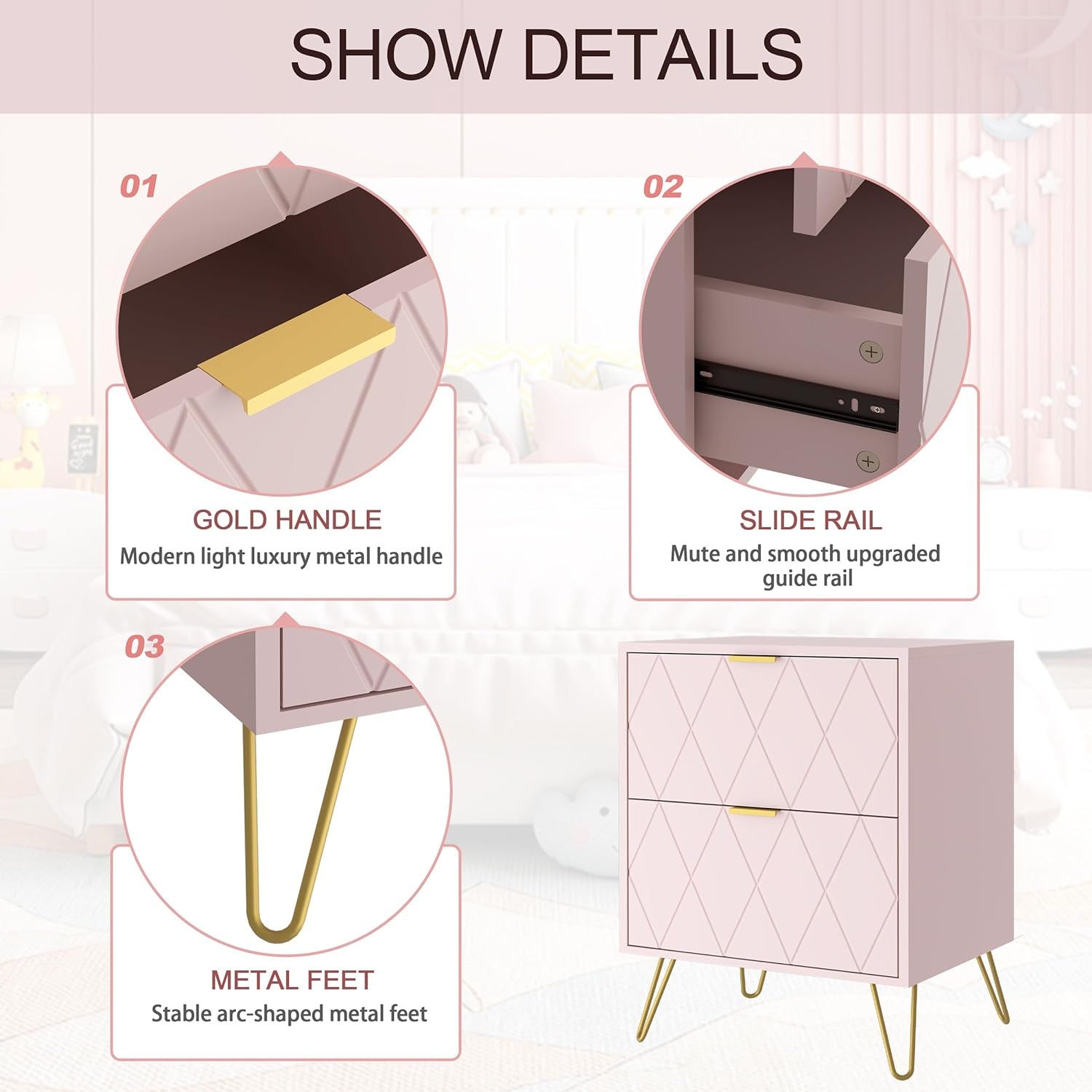 Pink 9 Drawer Dresser and Night Stand Sets for Bedroom, Two Drawers Nightstand Set of 2 & 9 Drawer Dresser Combo 3 Pieces (Pink)
