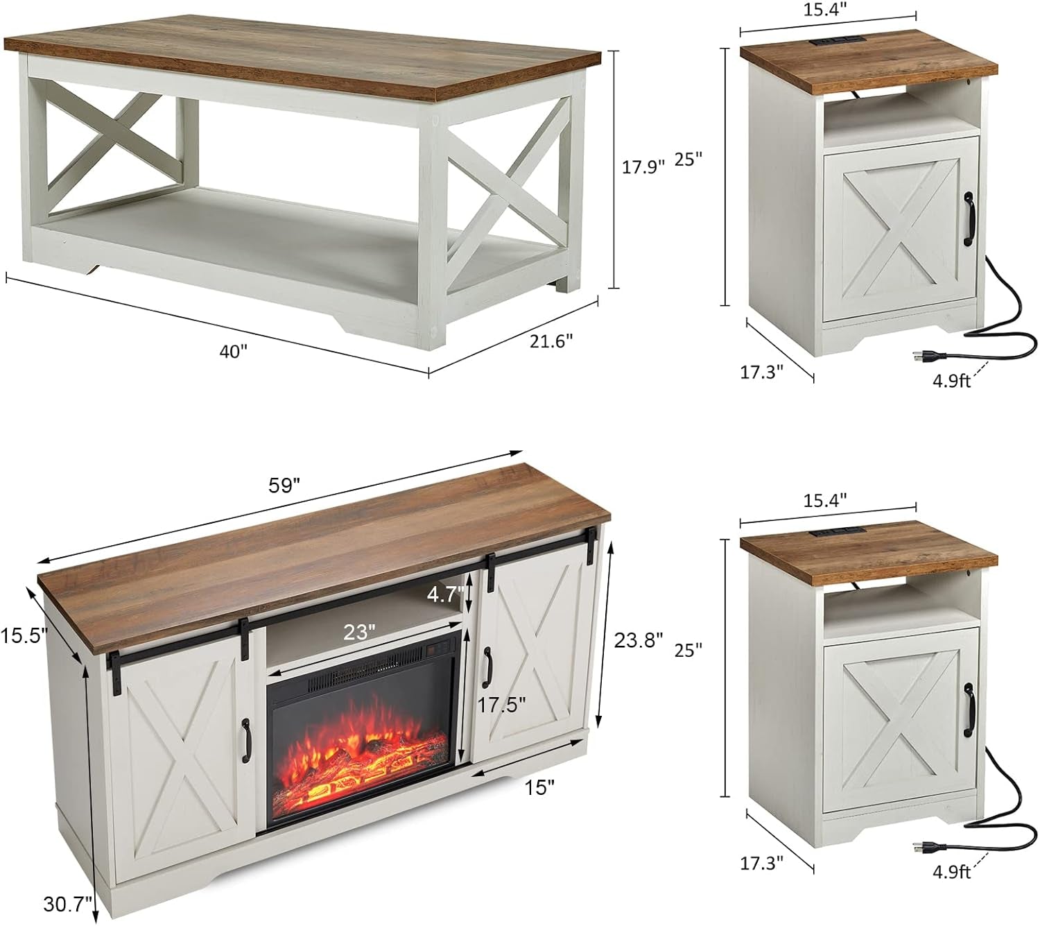 5-Piece Farmhouse Table Set Includes Fireplace TV Stand, Coffee Table& Two End Tables with Charging Station and USB Ports, for Living Room, Distressed White, 59"