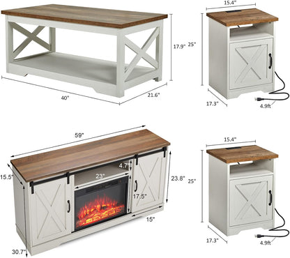 5-Piece Farmhouse Table Set Includes Fireplace TV Stand, Coffee Table& Two End Tables with Charging Station and USB Ports, for Living Room, Distressed White, 59"