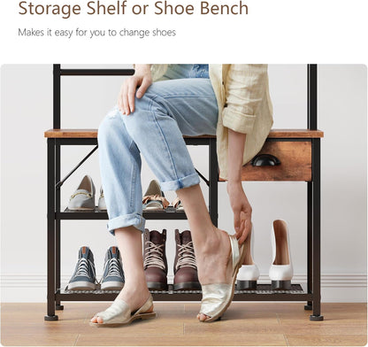 Coat Rack, Hall Tree with Bench and Shoe Storage, 4 in 1 Entryway Bench, Coat Rack with 3 Shelves and Drawer, Entryway Organizer with 5 Hooks for Hanging, Rustic Brown