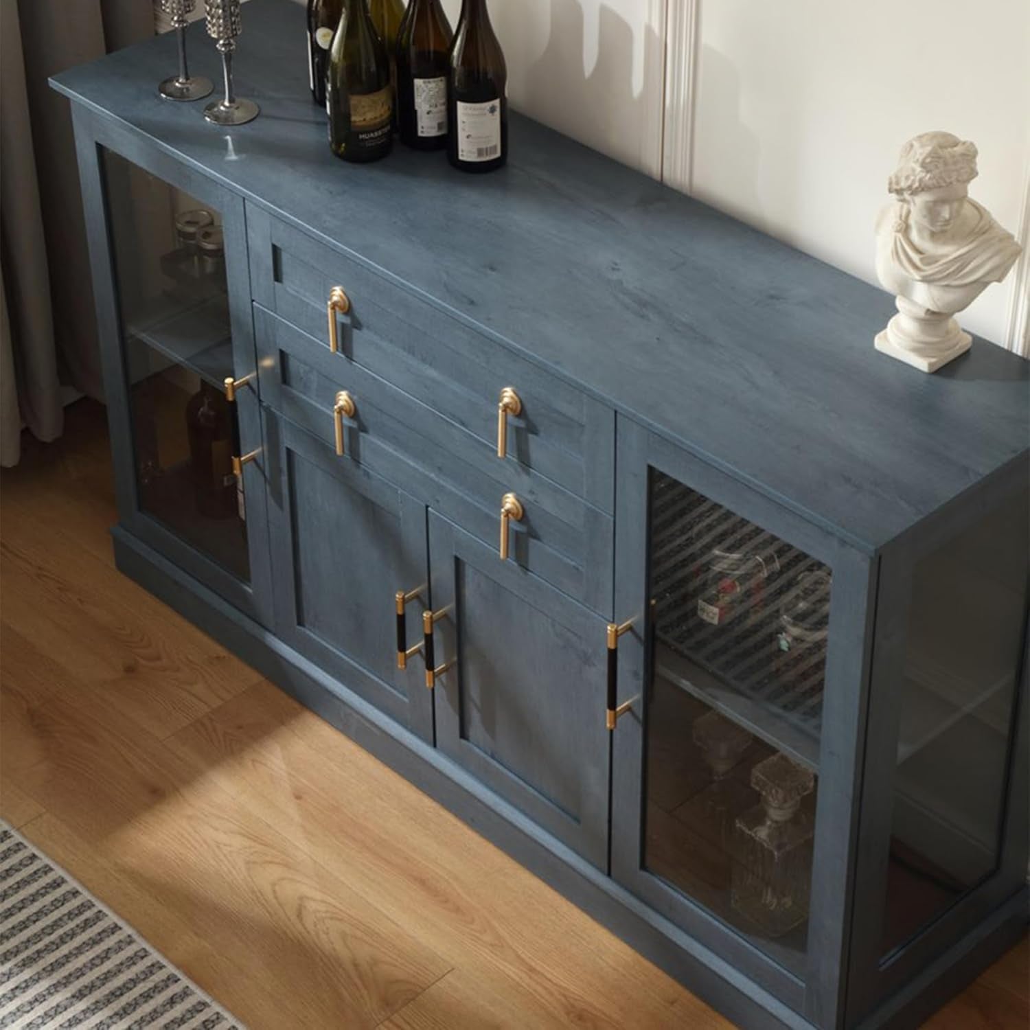 58.2'' Modern Sideboard Buffet Cabinet with Storage, Accent Coffee Bar Cabinet with 2 Glass Doors,Sideboard Credenza with Golden Handles and Adjustable Shelves,Blue