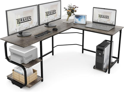 Reversible L Shaped Desk with Large Surface, 61 Inch Sturdy Corner Desk with Storage Shelves, Premium Office Computer Desk Workstation for Home Office Gaming