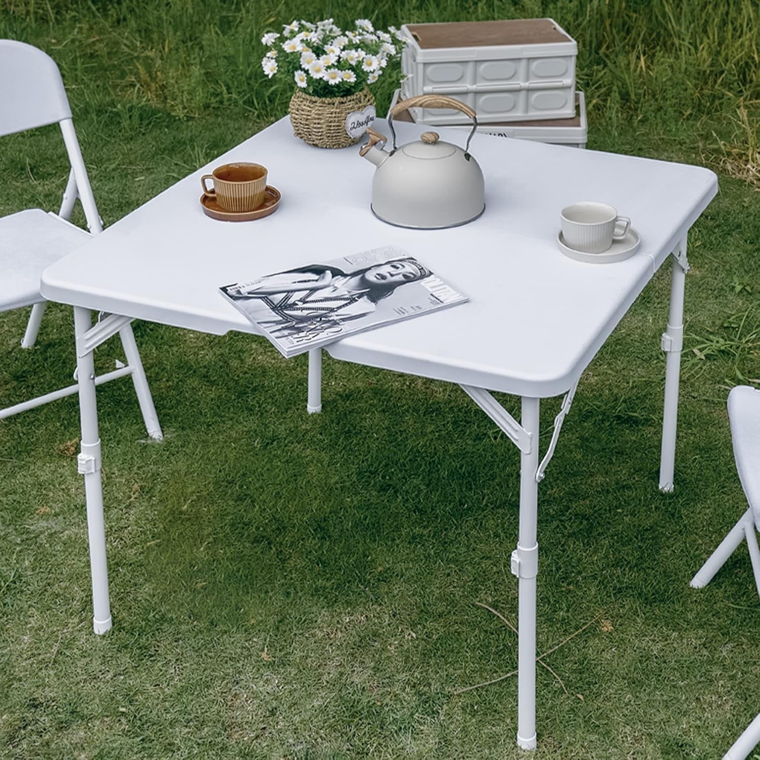 34'' Square Folding Card Table, Fold-In-Half Portable Plastic Dining Table with Carry Handle & 2 Heights for Picnic Party Commercial Events, White