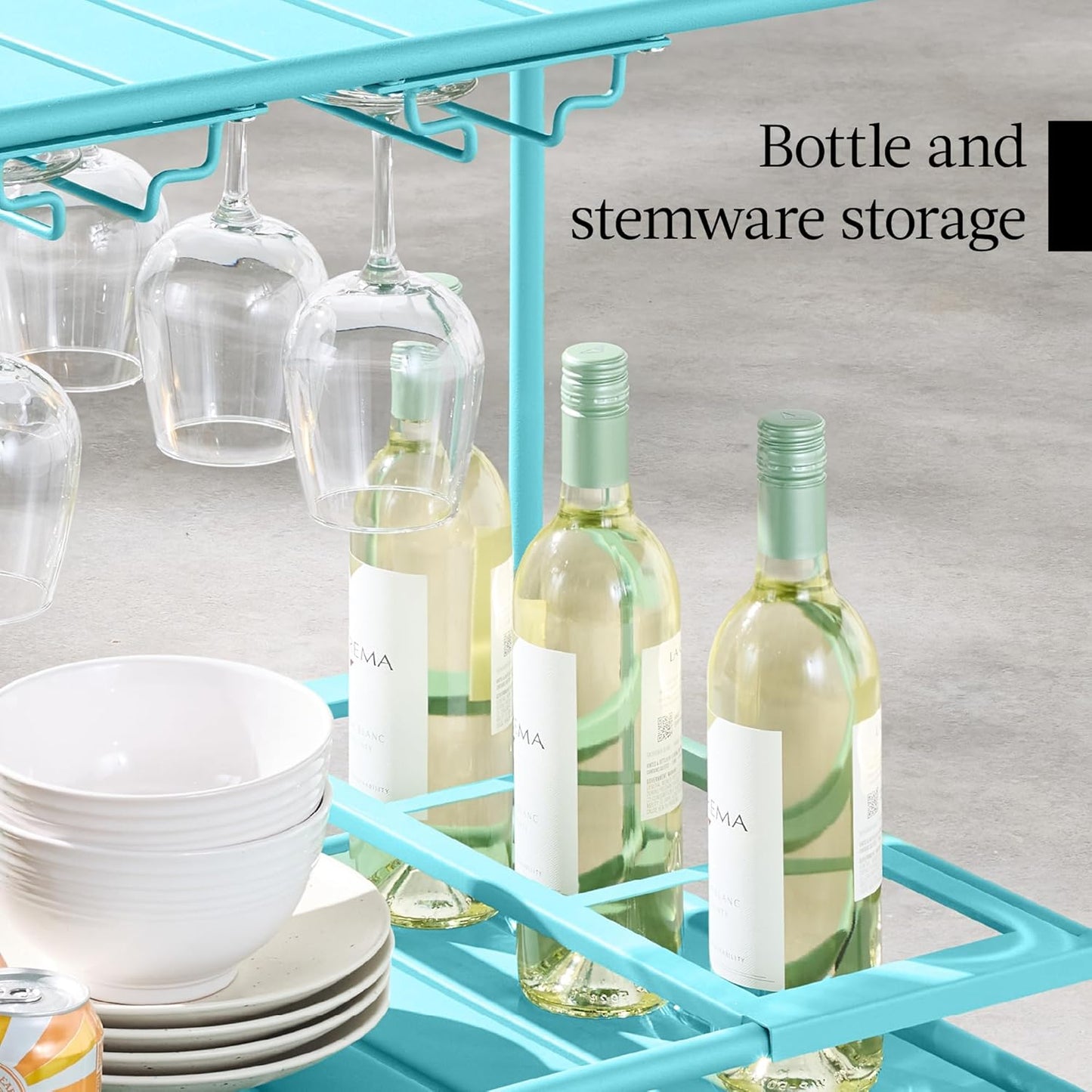 Rolling Bar Cart, Mobile Home Bar Serving Cart, Serving Station W/ 2 Tier Shelves, Wine Rack, Lockable Wheels - Teal