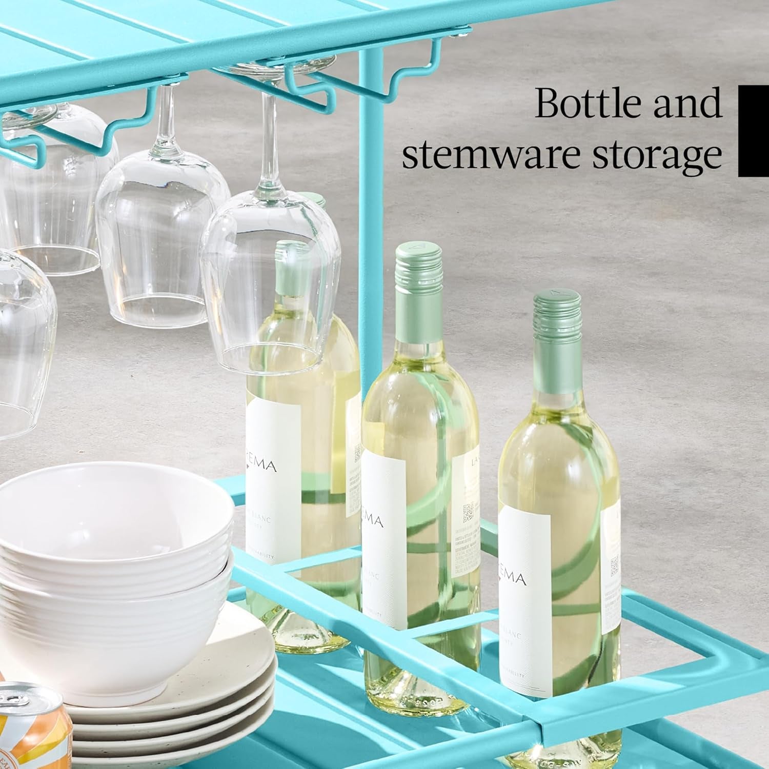 Rolling Bar Cart, Mobile Home Bar Serving Cart, Serving Station W/ 2 Tier Shelves, Wine Rack, Lockable Wheels - Teal