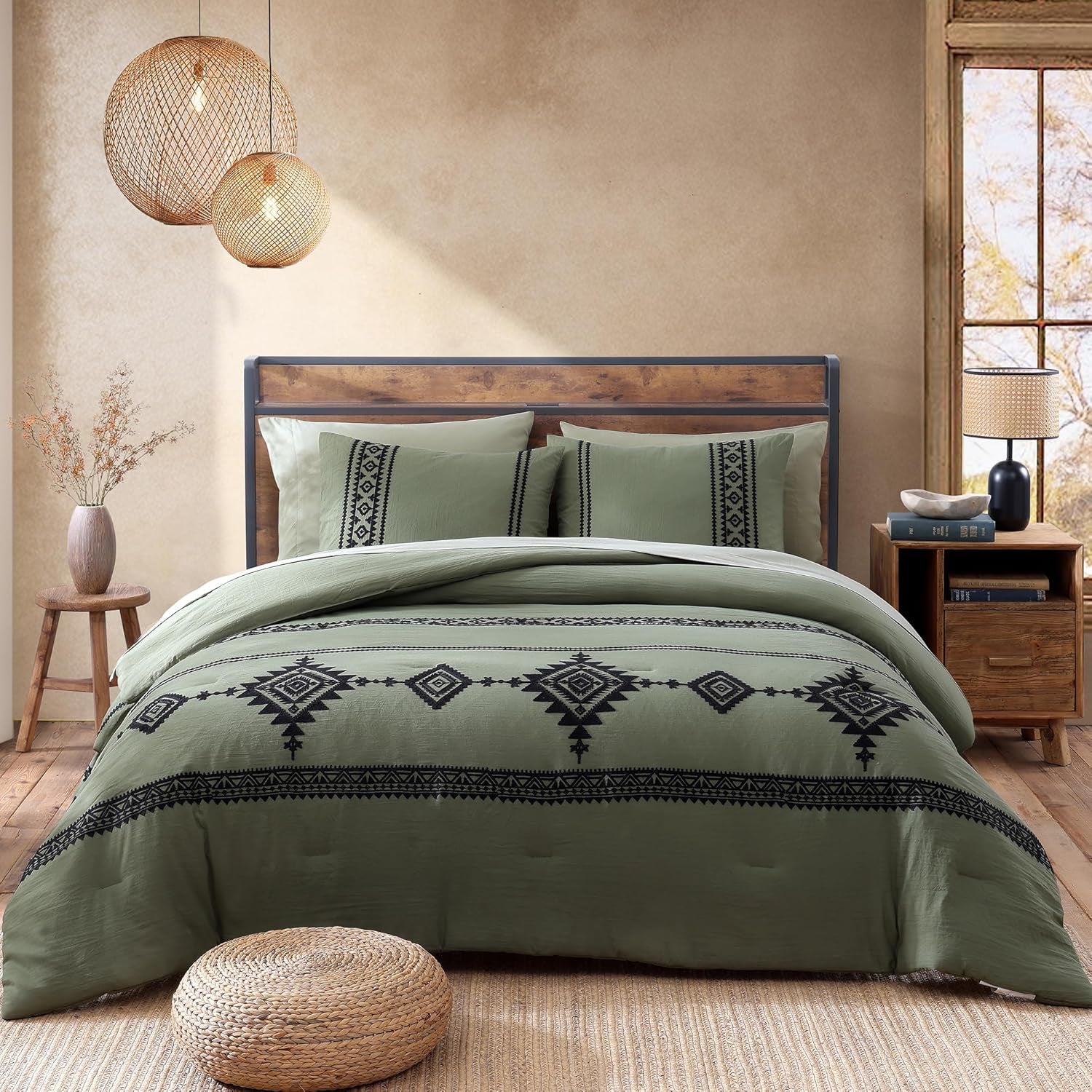 MAIREVE Embroidery Comforter Sets King Size Olive Green - 7 Pieces, Farmhouse Western Bedding Comforter Set, All Season Bed in a Bag King with Sheets, Comforters, Pillowcases & Shams