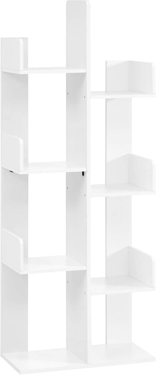 Bookcase, Tree-Shaped Bookshelf with 8 Storage Shelves, Rounded Corners, White 9.8D X 19.7W X 55.1H In, Engineered Wood