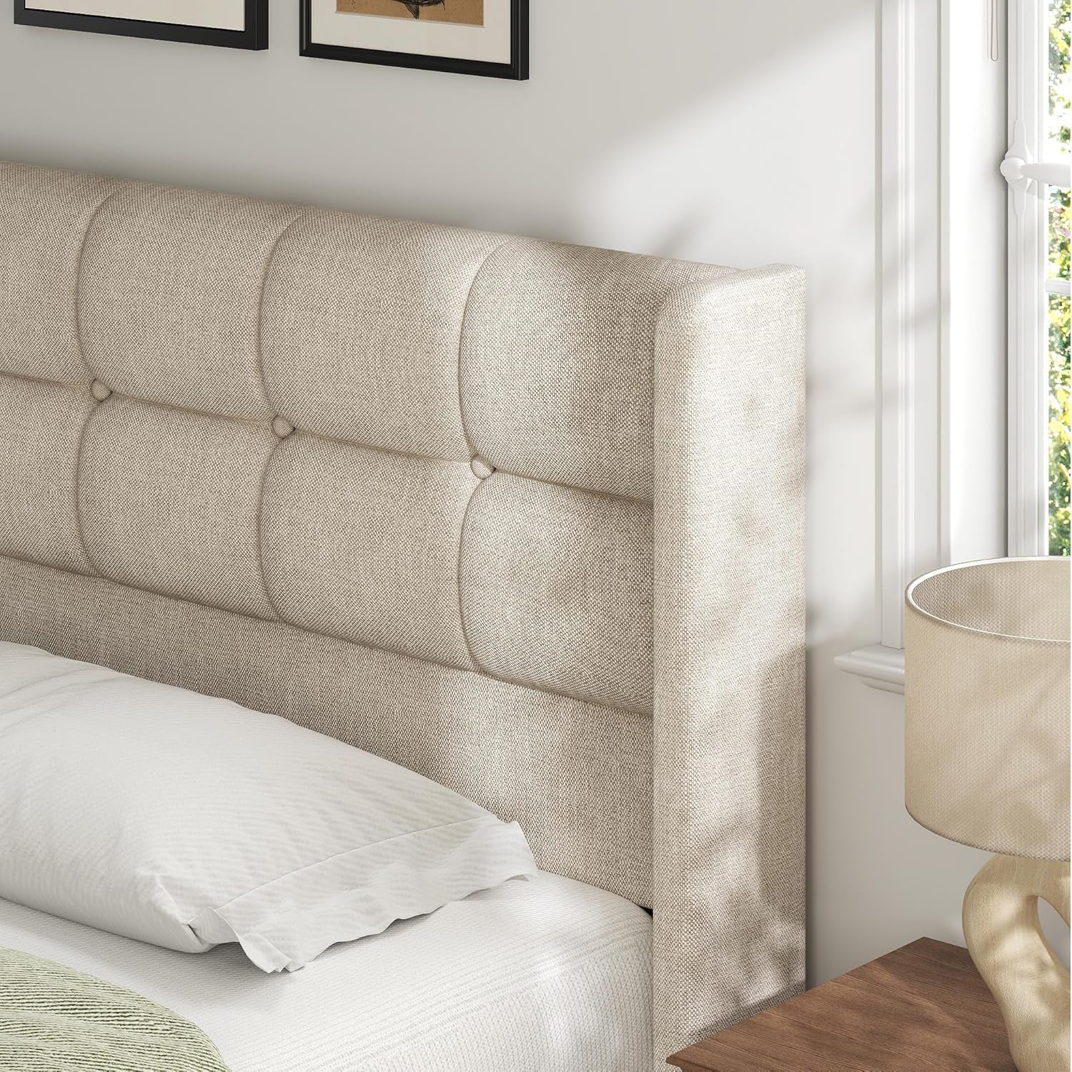 King Size Lift up Storage Bed Frame, Linen Upholstered King Platform with Button Tufted Wingback Headboard and Under-Bed Storage, Hydraulic Support, No Box Spring Needed, Noise Free, Beige
