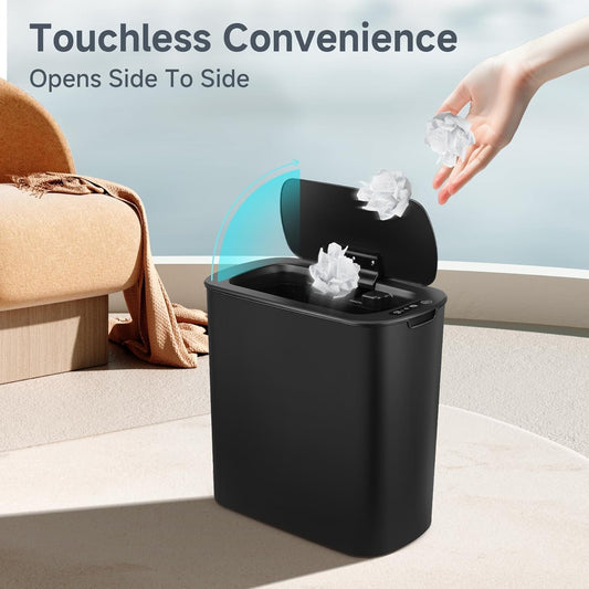 Automatic Motion Sensor Bathroom Trash Can with Lid, 2.6 Gallon Touchless Trash Bin, Smart Garbage Can Plastic Slim Wastebasket for Bedroom, Office, Dorm (Black)