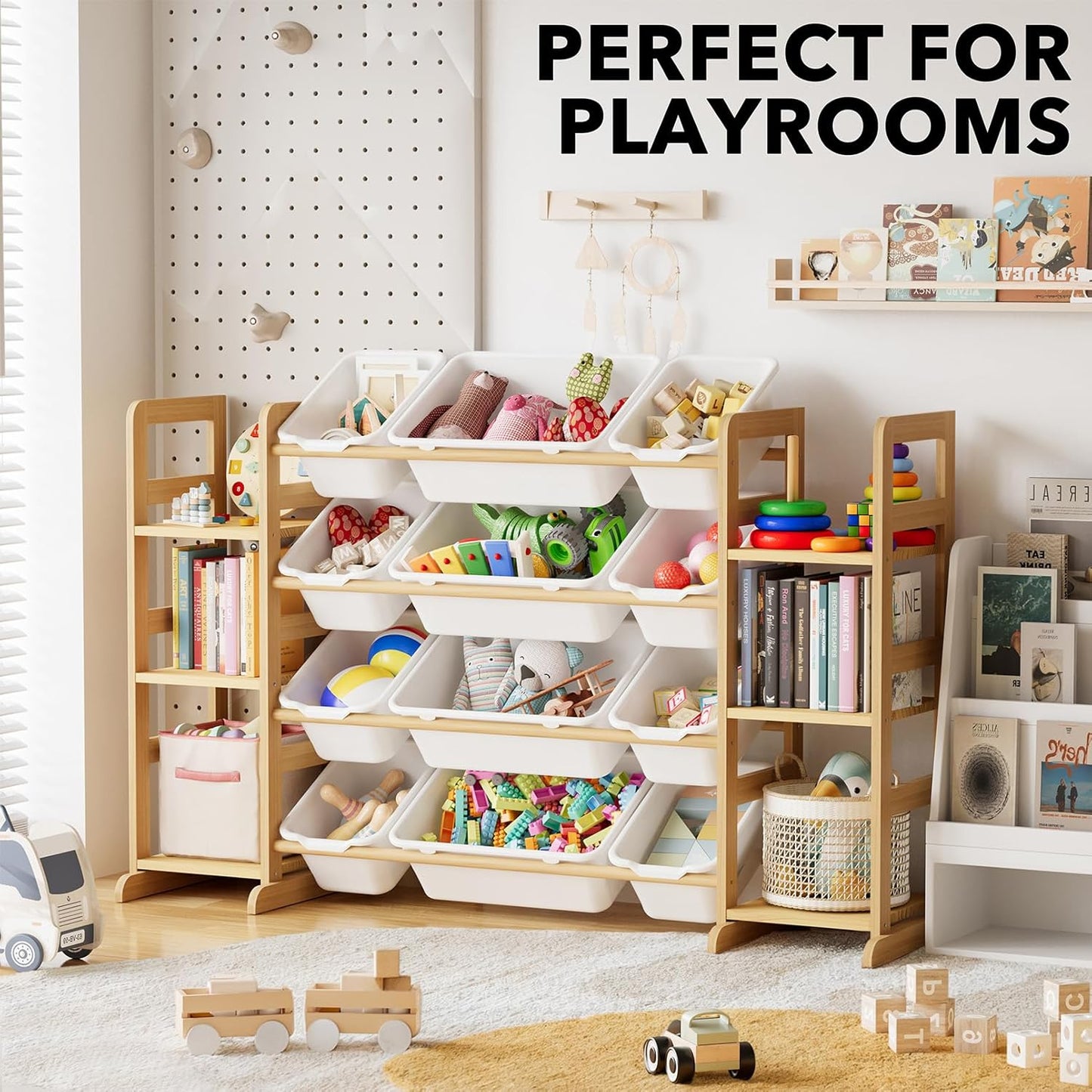 Toy Storage Organizer with 6 Shelves and 12 Bins, Bookshelf/Bookcase, Kids Bin Shelf, Toys Box for Playroom Organization for Bedroom & Room Decor, White, 52.3" W