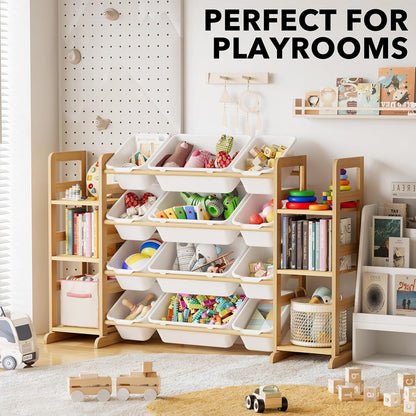 Toy Storage Organizer with 6 Shelves and 12 Bins, Bookshelf/Bookcase, Kids Bin Shelf, Toys Box for Playroom Organization for Bedroom & Room Decor, White, 52.3" W