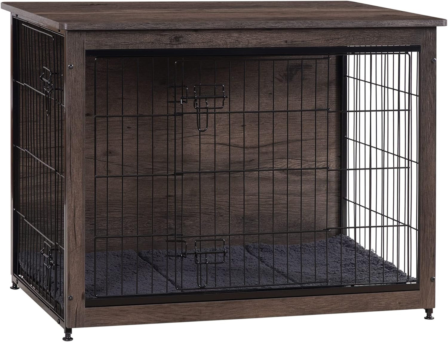 Dog Crate Furniture with Cushion, Wooden Kennel Table with Double Doors, Indoor Dog House, Medium Size, 32.5" L, Dark Gray