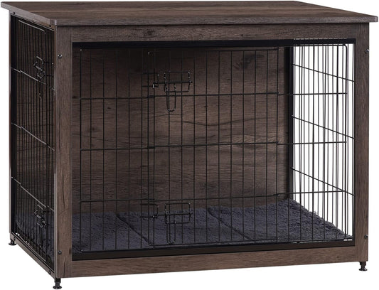 Dog Crate Furniture with Cushion, Wooden Kennel Table with Double Doors, Indoor Dog House, Medium Size, 32.5" L, Dark Gray