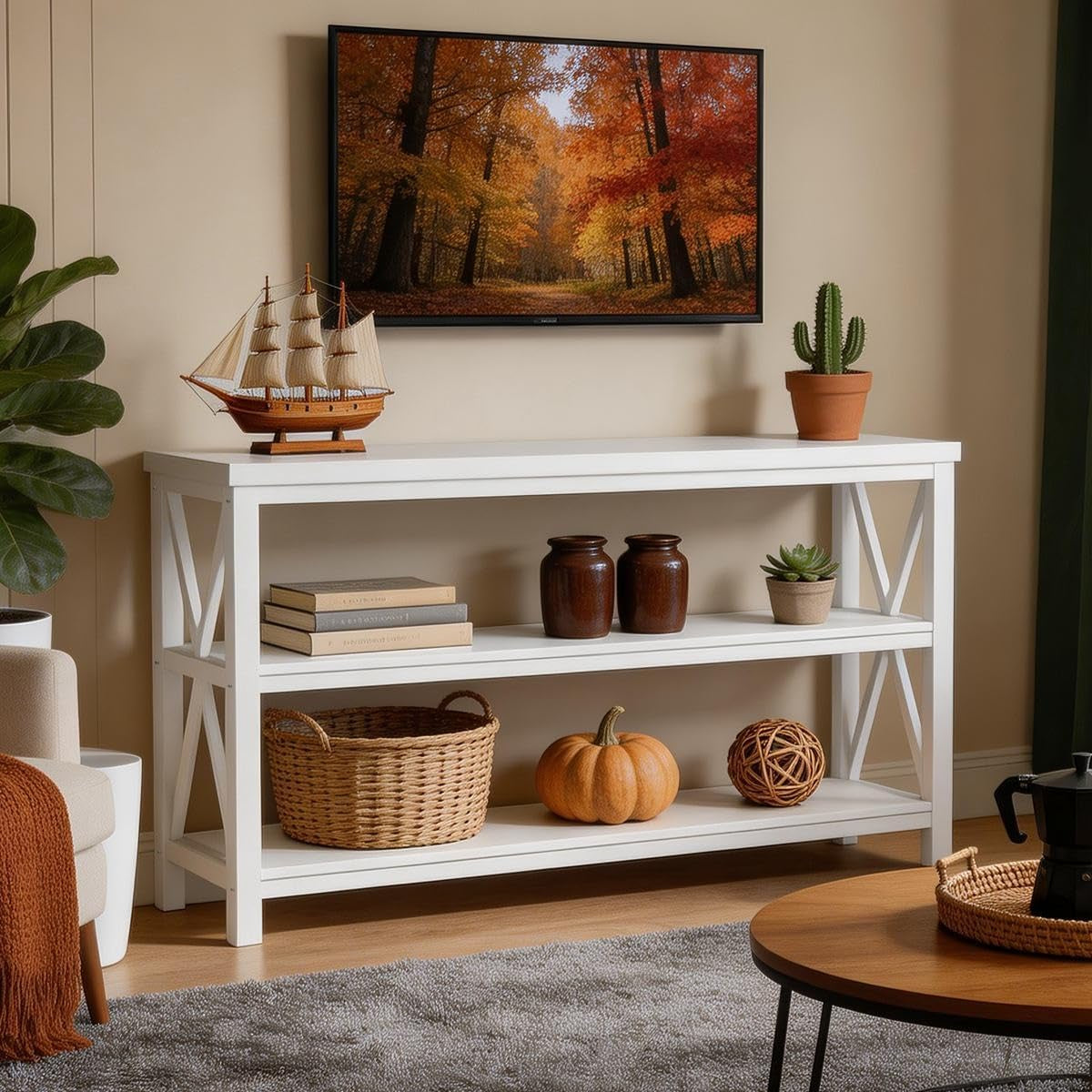 Console Table for Entryway, Long Sofa Table with 3 Tier Shelves, Modern White Hallway Tables for Living Room (55 Inch, White Oak)