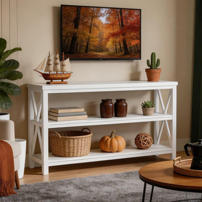 Console Table for Entryway, Long Sofa Table with 3 Tier Shelves, Modern White Hallway Tables for Living Room (55 Inch, White Oak)