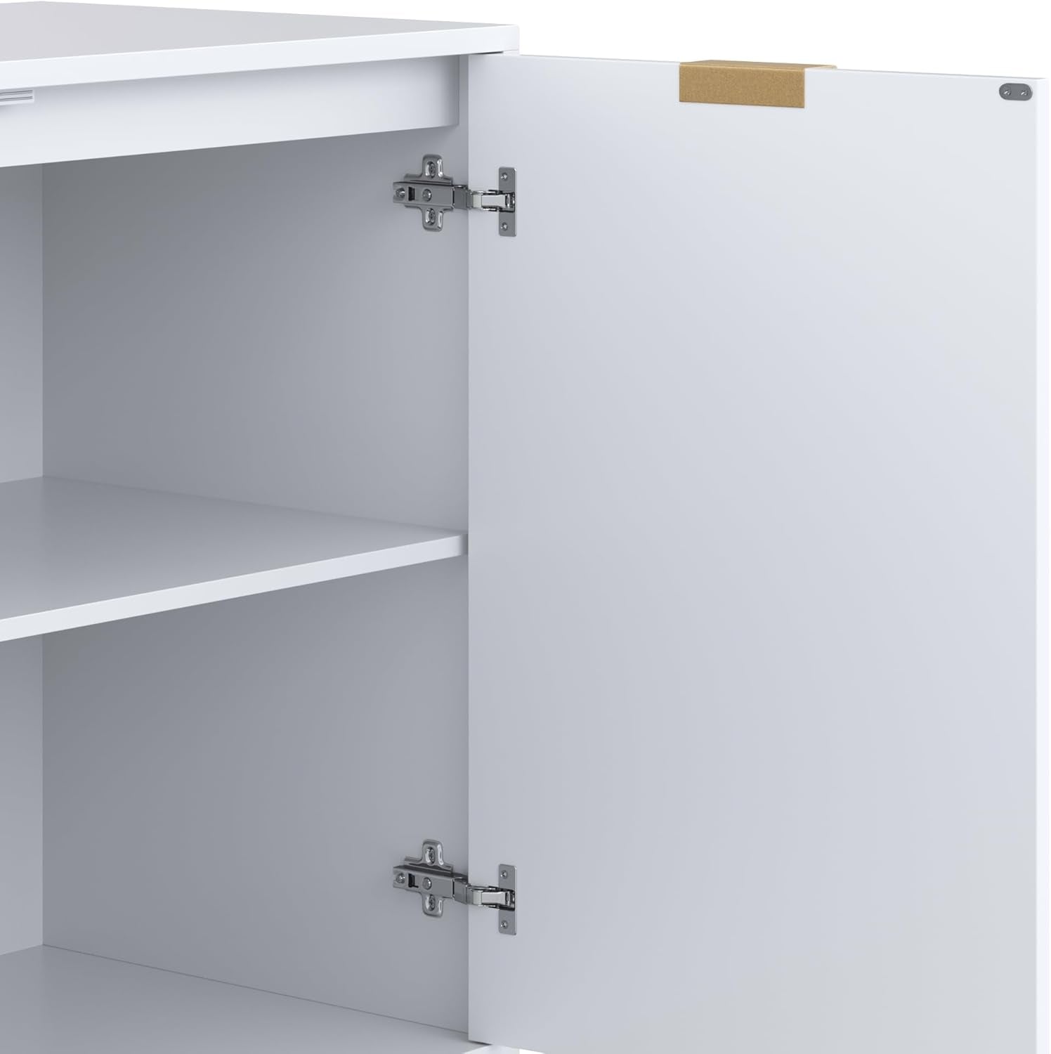 Enloe Modern Storage Free Standing Accent Cabinet White with Doors in a Rustic Pine Wood Finish and Gold Powder-Coated Metal Base for Hallway, Entryway or Living Room, Brown/White/Gold