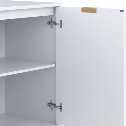 Enloe Modern Storage Free Standing Accent Cabinet White with Doors in a Rustic Pine Wood Finish and Gold Powder-Coated Metal Base for Hallway, Entryway or Living Room, Brown/White/Gold