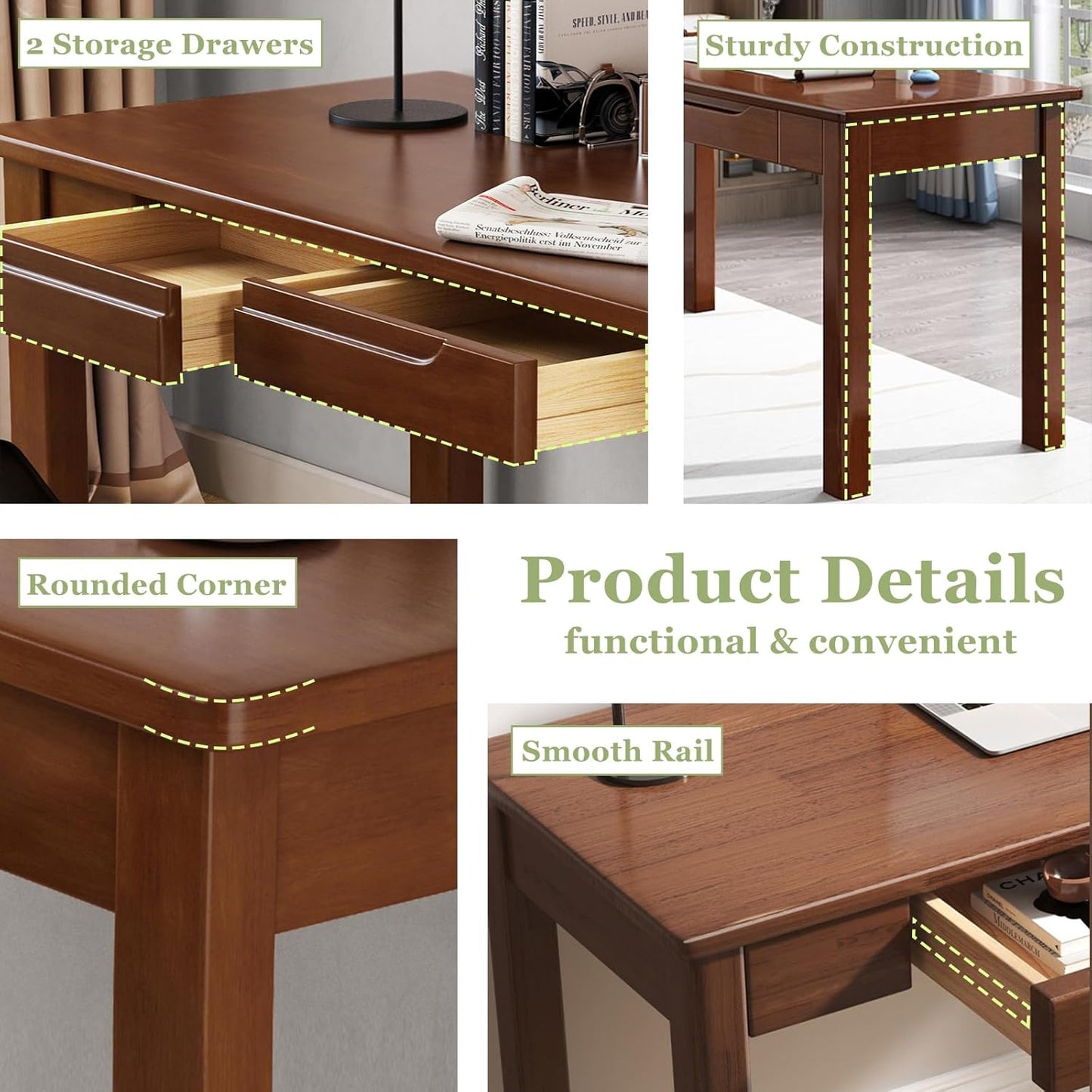 Solid Wood Writing Desk with Drawers, 47" Home Office Computer Desk, Wooden Simple Laptop Desk Study Table for Bedroom, Living Room, Walnut Finish