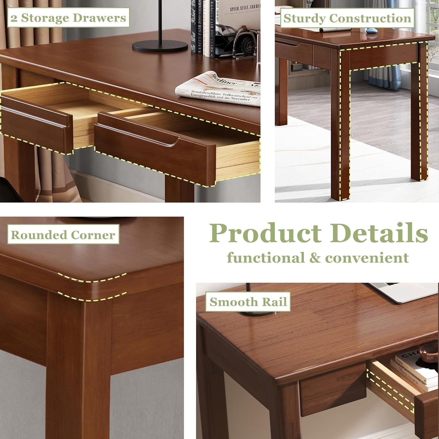 Solid Wood Writing Desk with Drawers, 47" Home Office Computer Desk, Wooden Simple Laptop Desk Study Table for Bedroom, Living Room, Walnut Finish