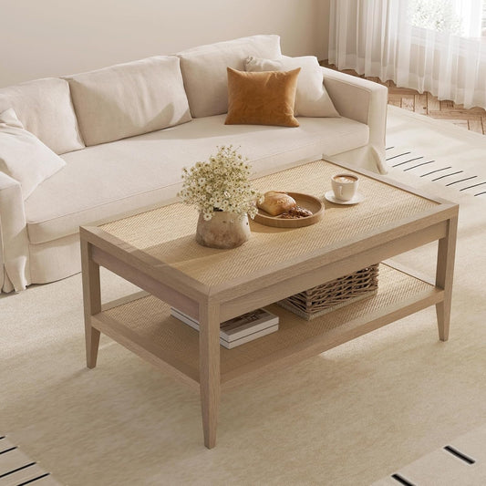 Rattan Coffee Table for Living Room - Boho Rectangular Dining Center Table with 2 -Tiers Rattan Storage Shelf, Farmhouse Accent Table for Living Room, Home Office, Light Oak