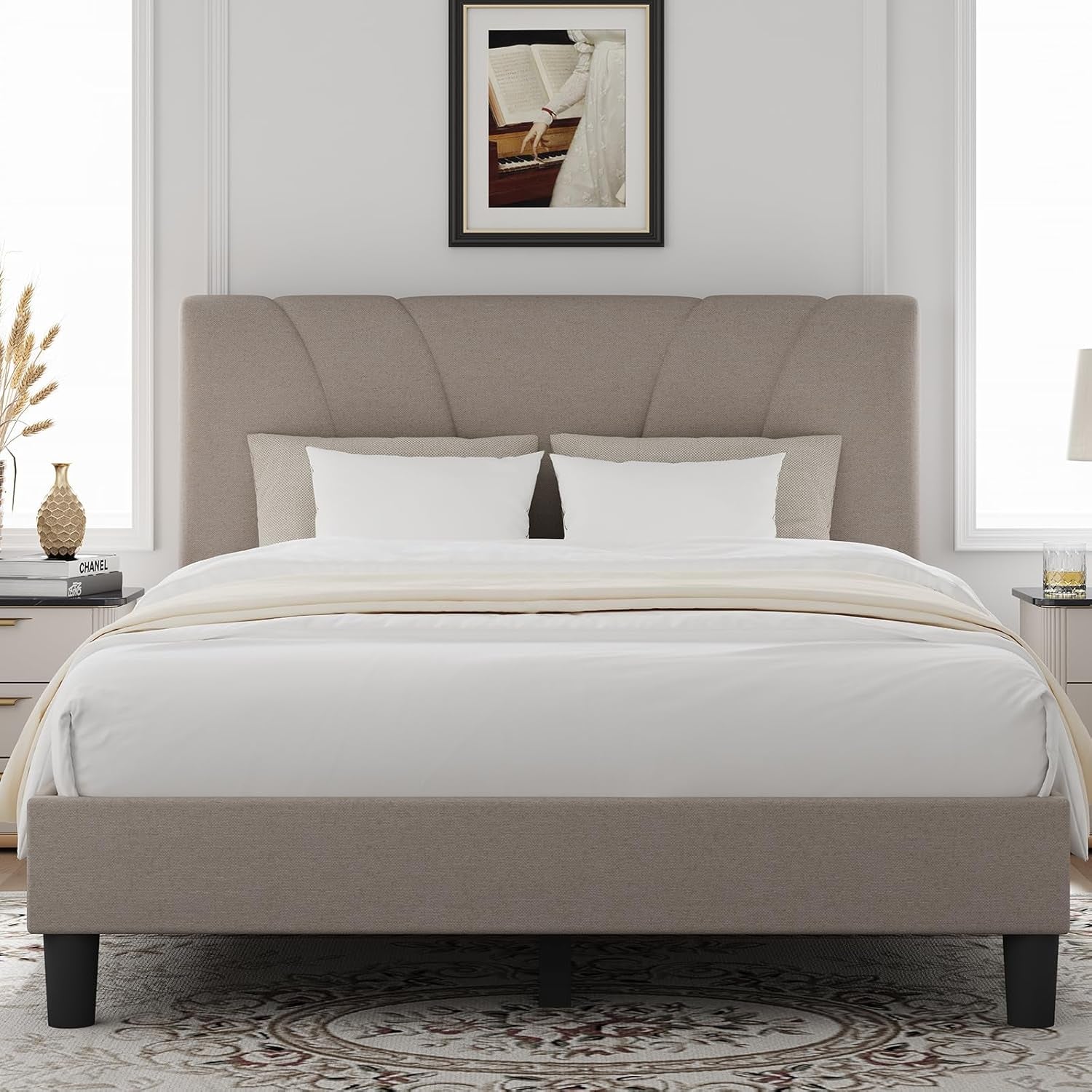 King Size Bed Frame with Adjustable Headboard Platform King Bed Frame Linen Fabric Upholstered Headboard, No Box Spring Needed, Noise-Free, Wooden Slats Support, Easy Assembly, Beige