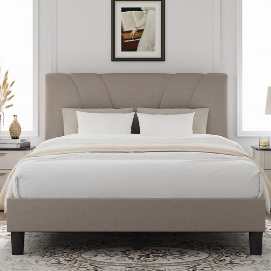 King Size Bed Frame with Adjustable Headboard Platform King Bed Frame Linen Fabric Upholstered Headboard, No Box Spring Needed, Noise-Free, Wooden Slats Support, Easy Assembly, Beige