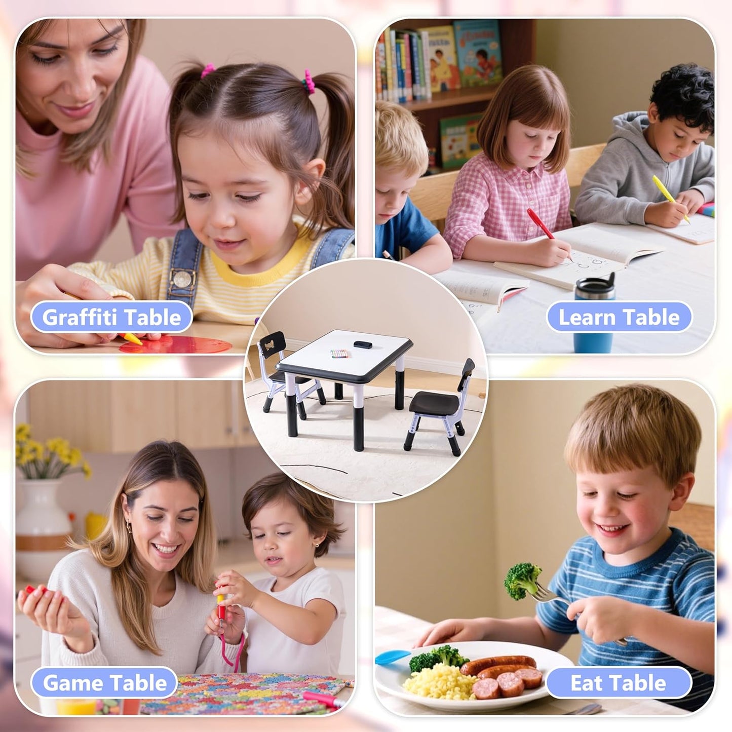 Kids Table & Chairs Set (2 Chairs), Height Adjustable Toddler Table and Chair Set for Kids Ages 3-8 with Graffiti Desktop, Learning & Art Activity Desk for Classroom, Home, Daycare (Black)