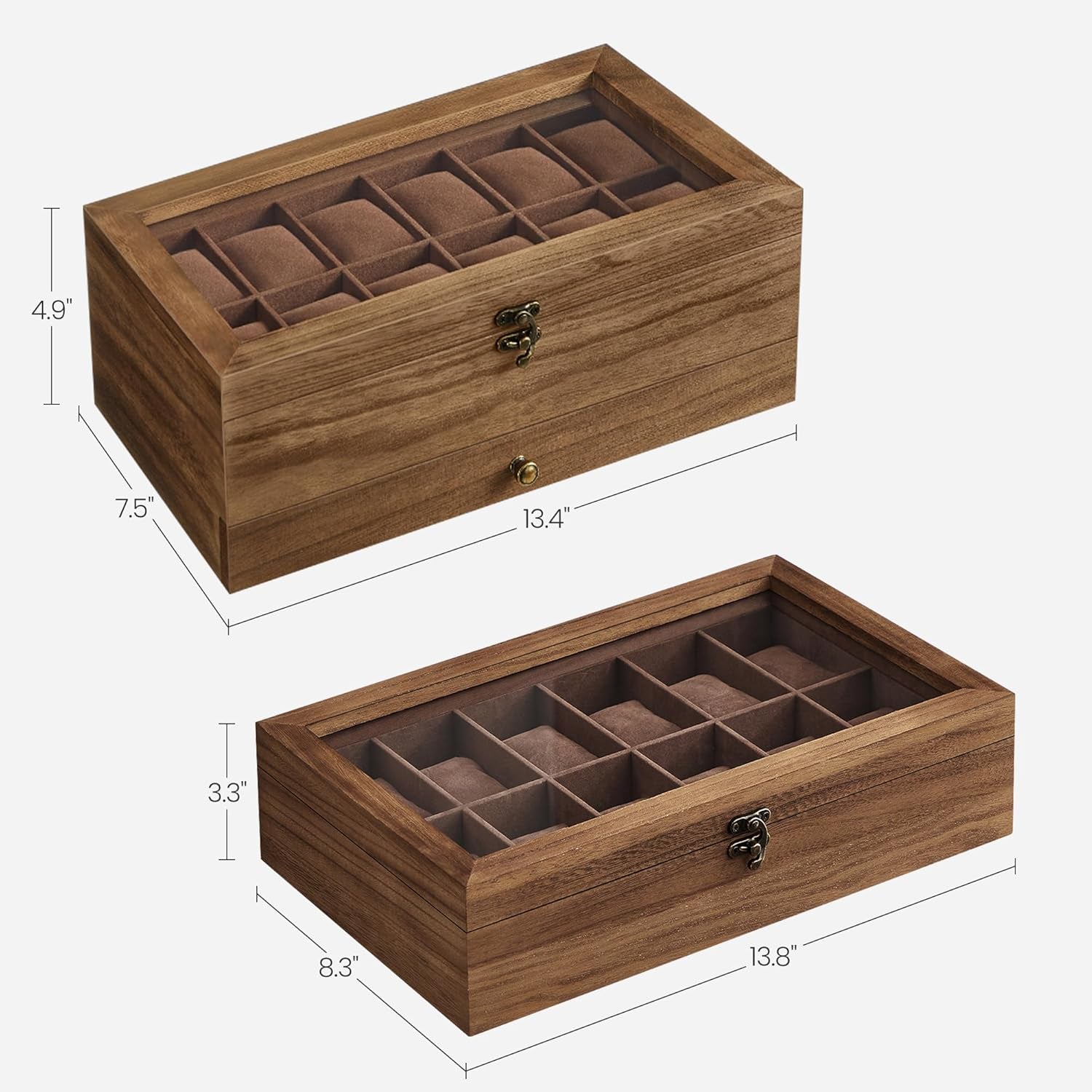 Watch Boxes Bundle, 12-Slot Watch Case, 2-Tier Watch Display Case, with Large Glass Lid, Solid Wood Watch Box Organizers, Gift for Loved Ones, Rustic Walnut UJOW120K01 and UJOW012K01