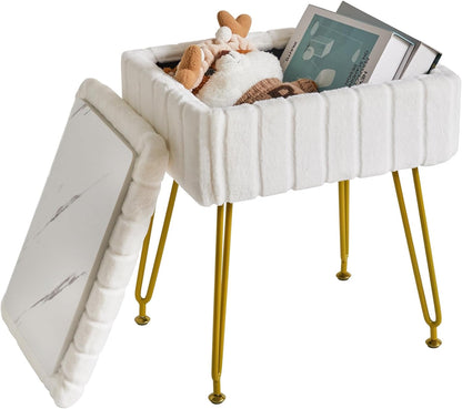 Stool Chair with Storage Space, Footrest Footstool Ottoman, Small Side Table, with 4 Metal Legs, with Anti-Slip Feet, for Makeup Room, Bedroom, White, Faux Fur LG-50W