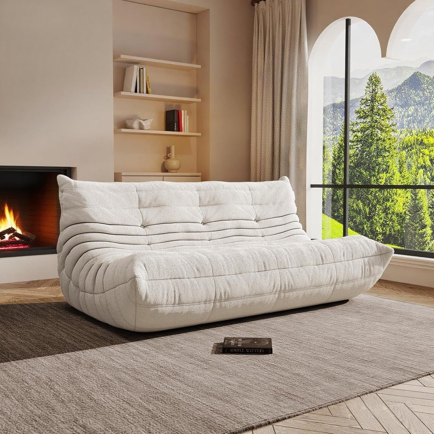 Bean Bag Chair, Oversized Bean Bag Chair for Living Room, Fireside Chair for Adults with Memory Foam Filled, Big Accent Lounge Floor Sofa for Reading, Relax, No Assembly Required. (Beige 3-Seater)