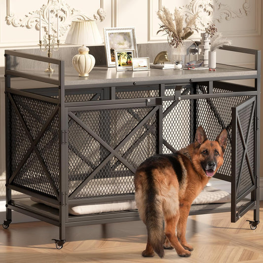 Large Dog Crate Furniture, 48 Inch Wooden Dog Kennel for Xlarge Dogs, Heavy Duty Dogs Furniture Indoor Wire Dog Cage with Caster Wheels,Decorative Pet House End Table, Textured Gray