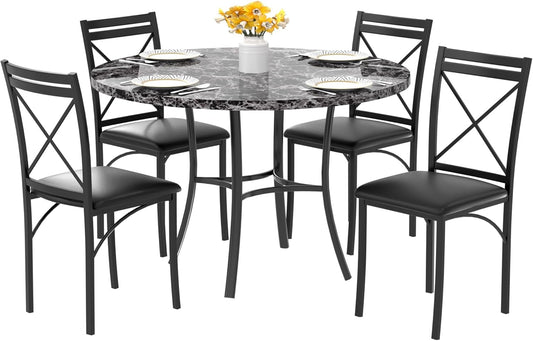 5 Piece Dining Table Set for 4, Faux Marble Dinette with Chairs for Kitchen, Breakfast Nook, Small Space, Black