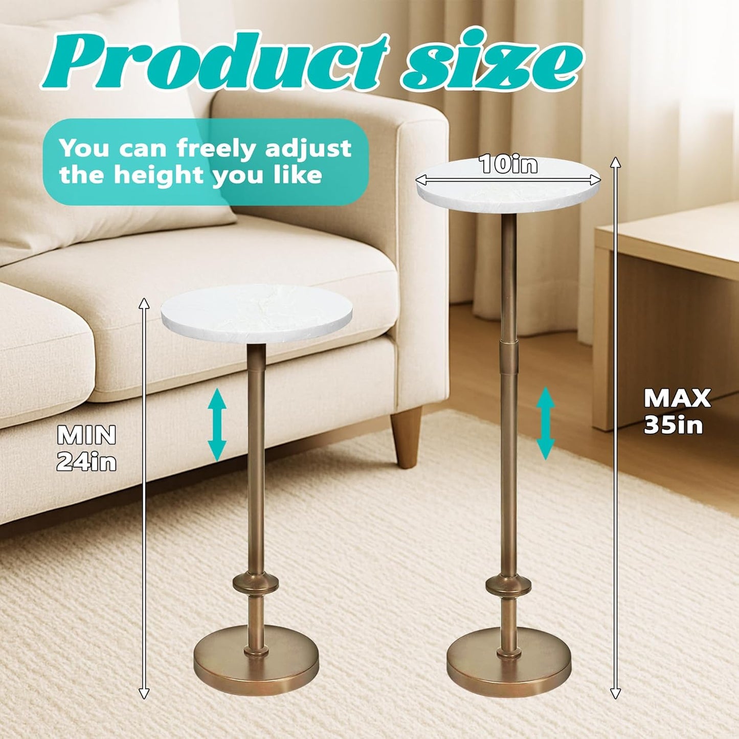 Martini Table Height Adjustable, Drink Tables for Small Spaces, round Side Table, Tiny Side Tables for Living Room, Bedroom, Cocktail (White)