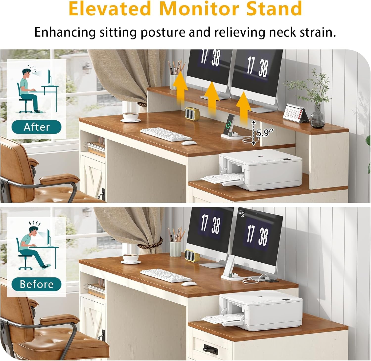 Farmhouse Computer Desk with Drawers, 65'' Home Office Desk with Power Outlets, Storage Cabinet and Printer Stand, Study Writing Desks with Long Monitor Stand, Brown and White