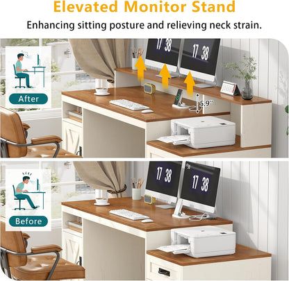 Farmhouse Computer Desk with Drawers, 65'' Home Office Desk with Power Outlets, Storage Cabinet and Printer Stand, Study Writing Desks with Long Monitor Stand, Brown and White