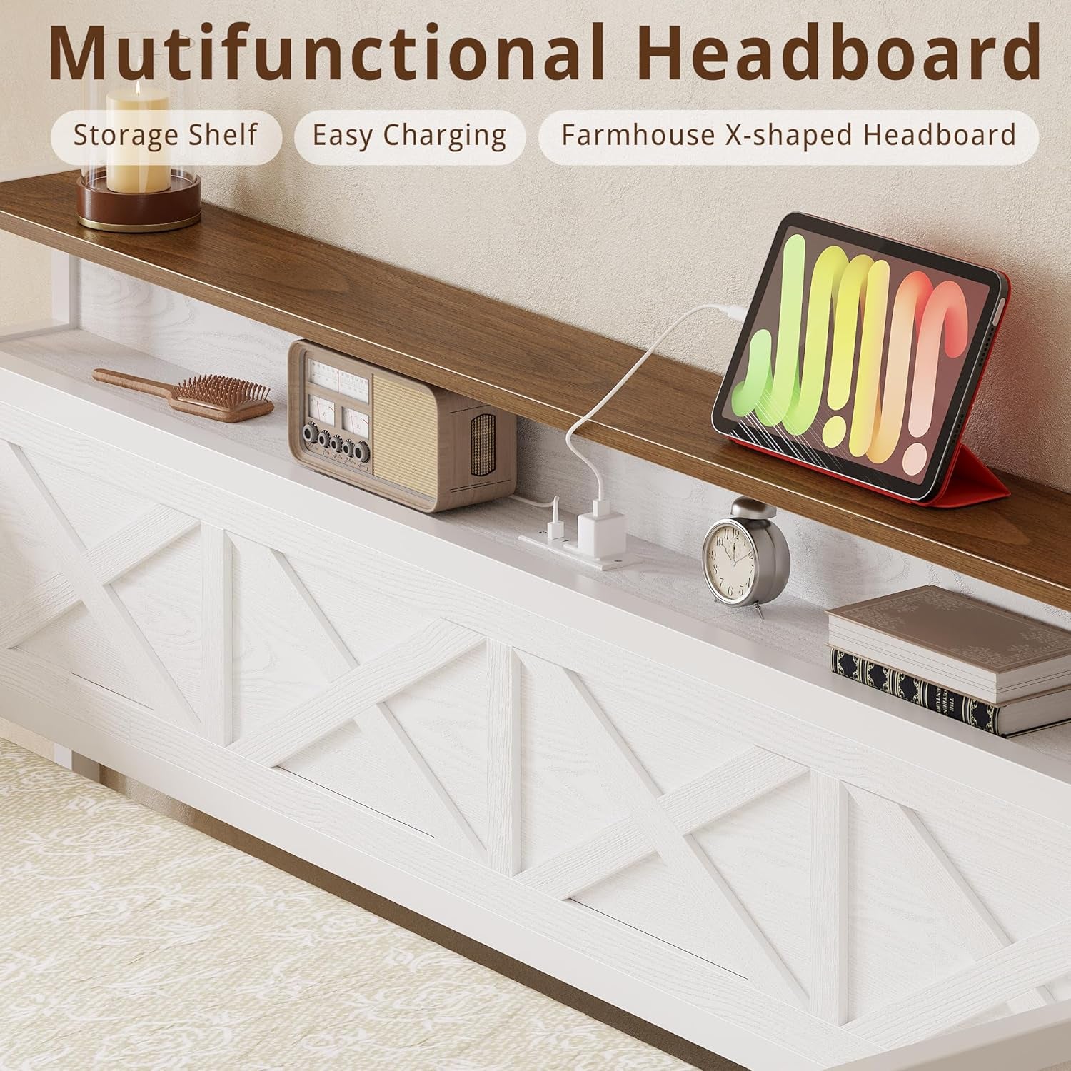 Daybed with Trundle, Sturdy Metal Twin Bed Frame with X-Shaped Frame, Upholstered Farmhouse Daybed with Charging Station for Living Room, Bedroom, and Guest Room, White/Walnut