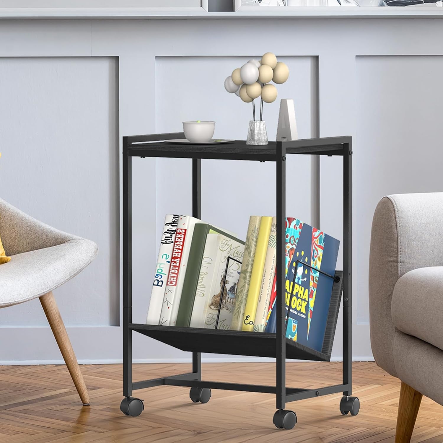 Record Player Table with Vinyl Storage,Black Small End Table Turntable Stand with Record Storage,Vinyl Record Player Stand,2 Tier Bed Side Table Modern Nightstand for Living Room Bedroom